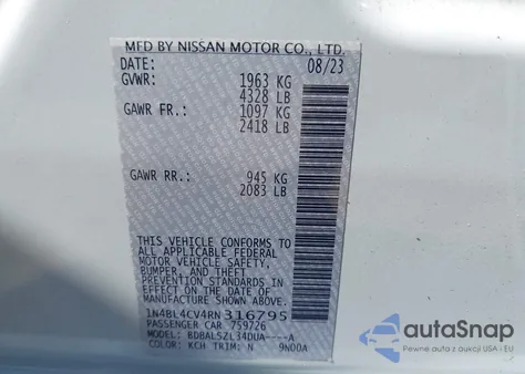 2024 Nissan Altima Sr Fwd z USA, uszkodzony, nr VIN 1N4BL4CV4RN316795